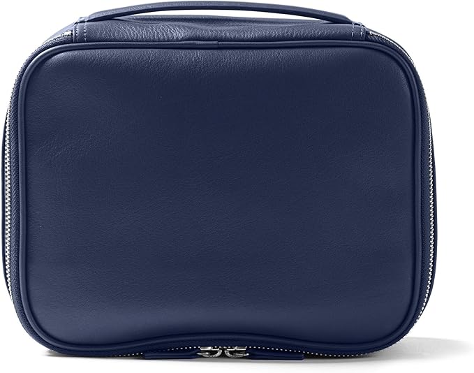 Leatherology Navy Blue Large Travel Organizer â Full-Grain Leather Toiletry Bag with Zipped Mesh Pocket, Elastic Loops & Double Metal Zipper â Travel Storage for Cables, Toiletries & Essentials