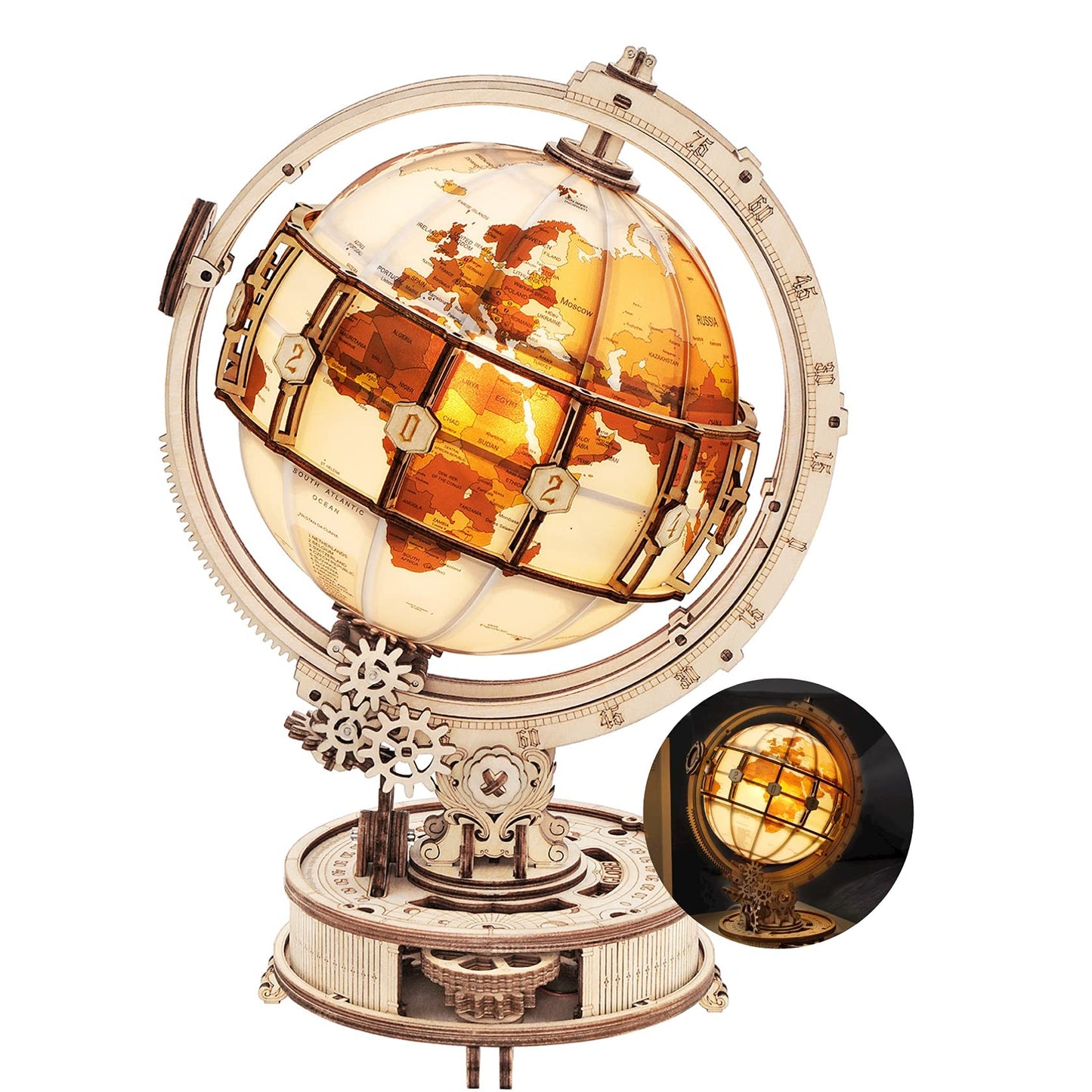 ROKR 3D Wooden Puzzles for Adults Illuminated Globe with Stand 180pcs 3D Puzzles Built-in LED Model Kit Hobby Gifts for Adults Home Decor