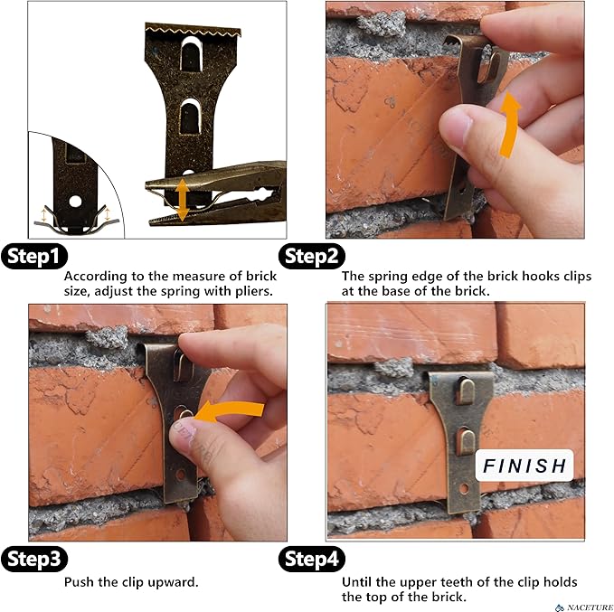 NACETURE Brick Hook Clips (8 Pack) – Designed for 2.25"–2.40" Standard Bricks – Requires ≥1/8" Mortar Recess – No-Drill Metal Brick Hangers for Indoor & Outdoor Décor