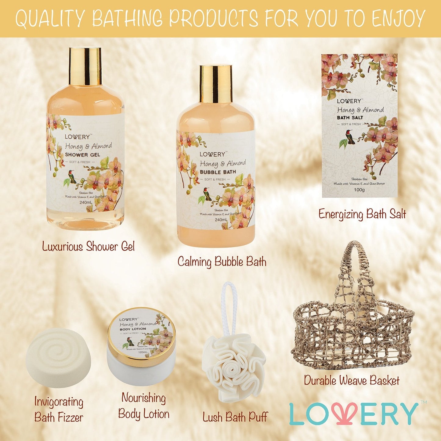 Womens Gifts, Gift Baskets for Women Who Have Everything, Home Spa Honey & Almond Scent, Luxury Bath & Body Set - Shower Gel, Bubble Bath, Body Lotion, Salts, Bath Bomb, Bath Puff & Handmade Basket