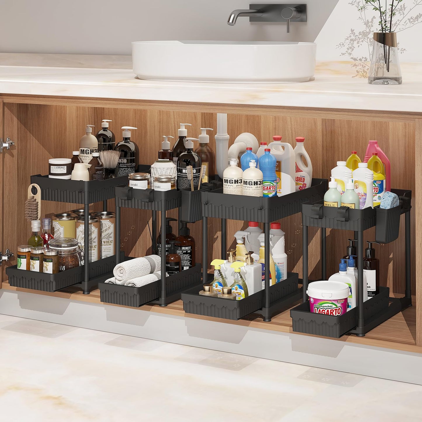 Sevenblue 4 Pack Under Sink Organizer, Bathroom Organizers and Storage, 2 Tier Multi-Use Pull Out Cabinet Organizer with Hang Hooks and Cups (Black, 4 Pack)