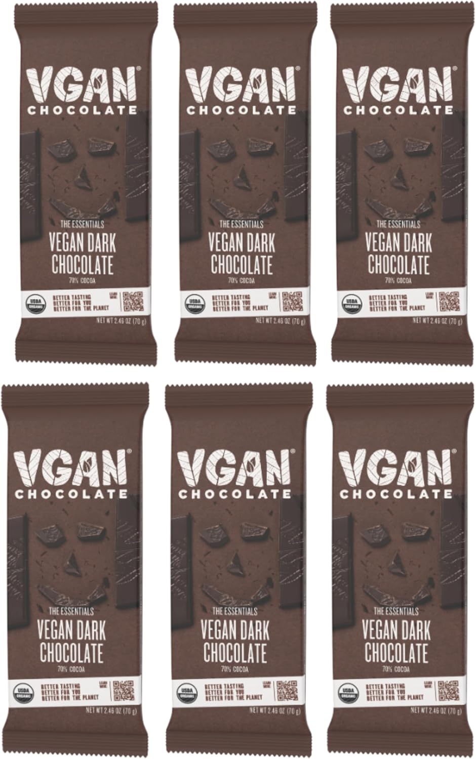 VGAN Vegan Chocolate Bars, Gluten Free Snacks, Plant Based, Soy and Dairy Free, Organic Ingredients, Cruelty Free, Kosher, and Non GMO, Dark Chocolate, 6 Pack