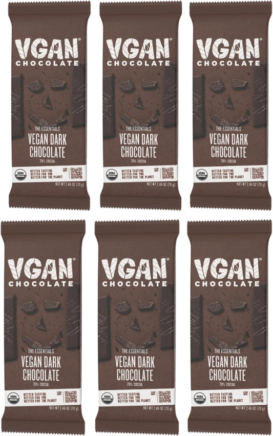VGAN Vegan Chocolate Bars, Gluten Free Snacks, Plant Based, Soy and Dairy Free, Organic Ingredients, Cruelty Free, Kosher, and Non GMO, Dark Chocolate, 6 Pack