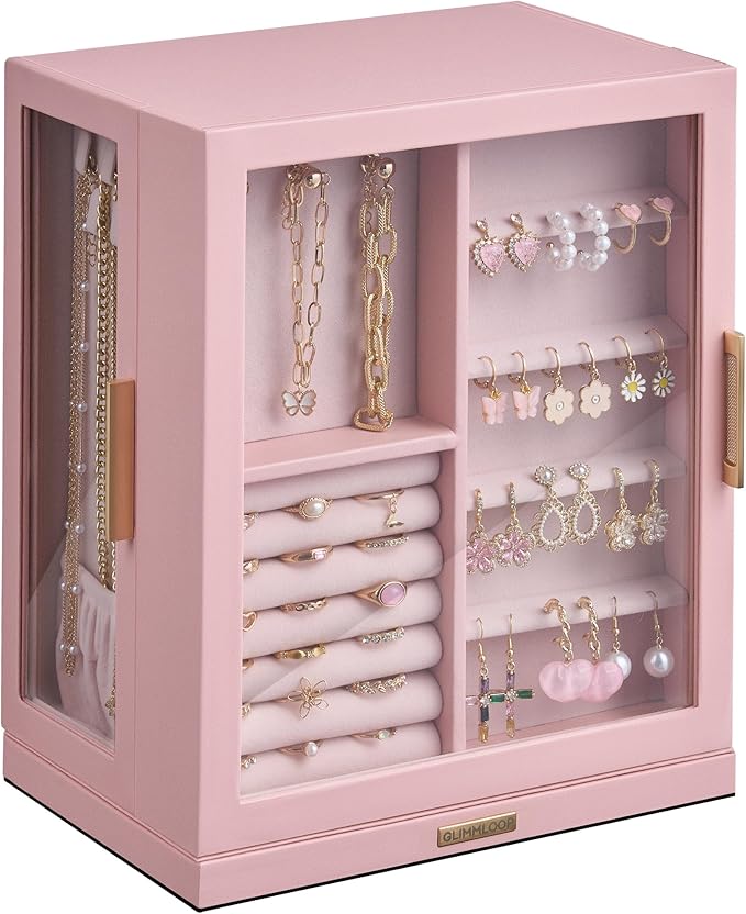 360Â° Rotating Jewelry Box with 5 Drawers, Spacious Vertical Jewelry Organizer with Glass Window, Jewelry Storage Case, Dustproof & Moisture-resistant Design, Pink