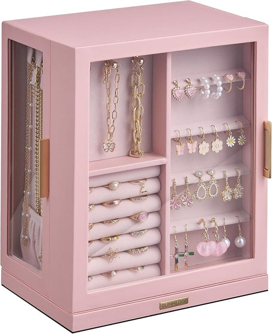 360Â° Rotating Jewelry Box with 5 Drawers, Spacious Vertical Jewelry Organizer with Glass Window, Jewelry Storage Case, Dustproof & Moisture-resistant Design, Pink
