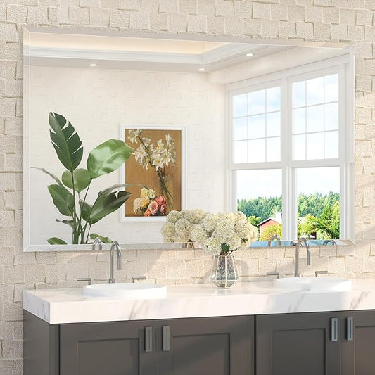 TETOTE 60" x 36" Rectangle Tempered Mirror with Frameless Beveled Edge for Vanity and Bathroom
