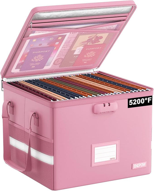 ENGPOW 5200Â°F File Box Fireproof Document Box with Lock,Heat Insulated Collapsible File Storage Organizer Box with Handle,Portable Home Office File Cabinet for Hanging Letter/Legal Size Folder, Pink