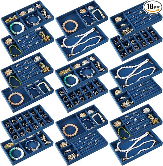 Junkin 18 Pcs Velvet Jewelry Tray Stackable Jewelry Drawer Organizer Jewellery Box Divided Display Tray for Earring Bangle(Peacock Blue)