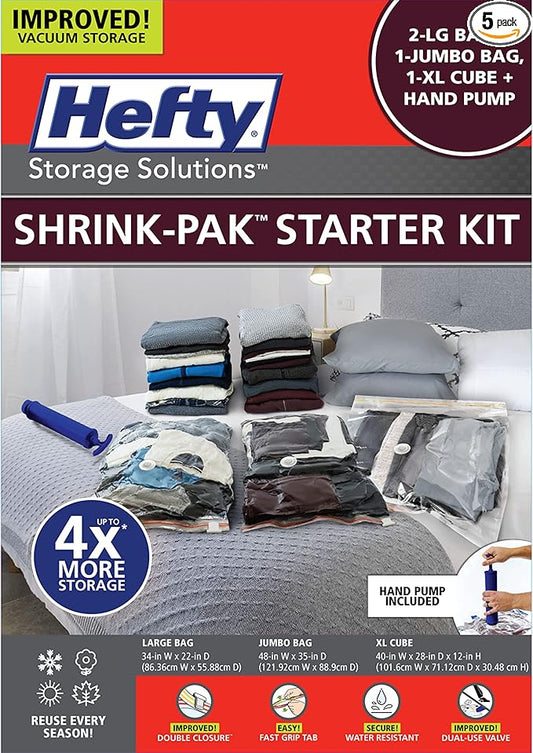 Hefty Shrink-Pak Starter Kit - 2 Large, 1 XL Cube, 1 Jumbo Vacuum Seal Storage Bag and Hand Pump â Space Saver Bags for Clothing, Pillows, Towels, or Blankets, 5 Pc Set
