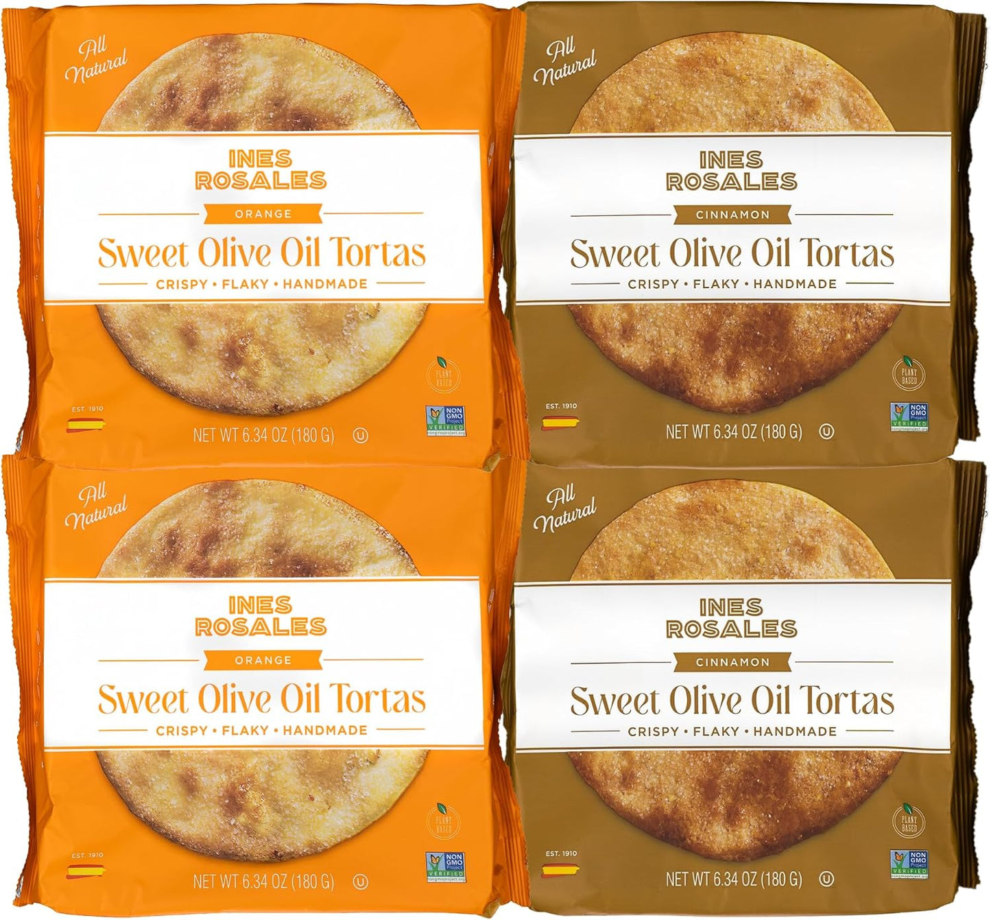 Ines Rosales Tortas Bundle - 2 Cinnamon + 2 Orange - Handcrafted Spanish Olive Oil Tortas, Flavorful Citrus and Spiced Delight