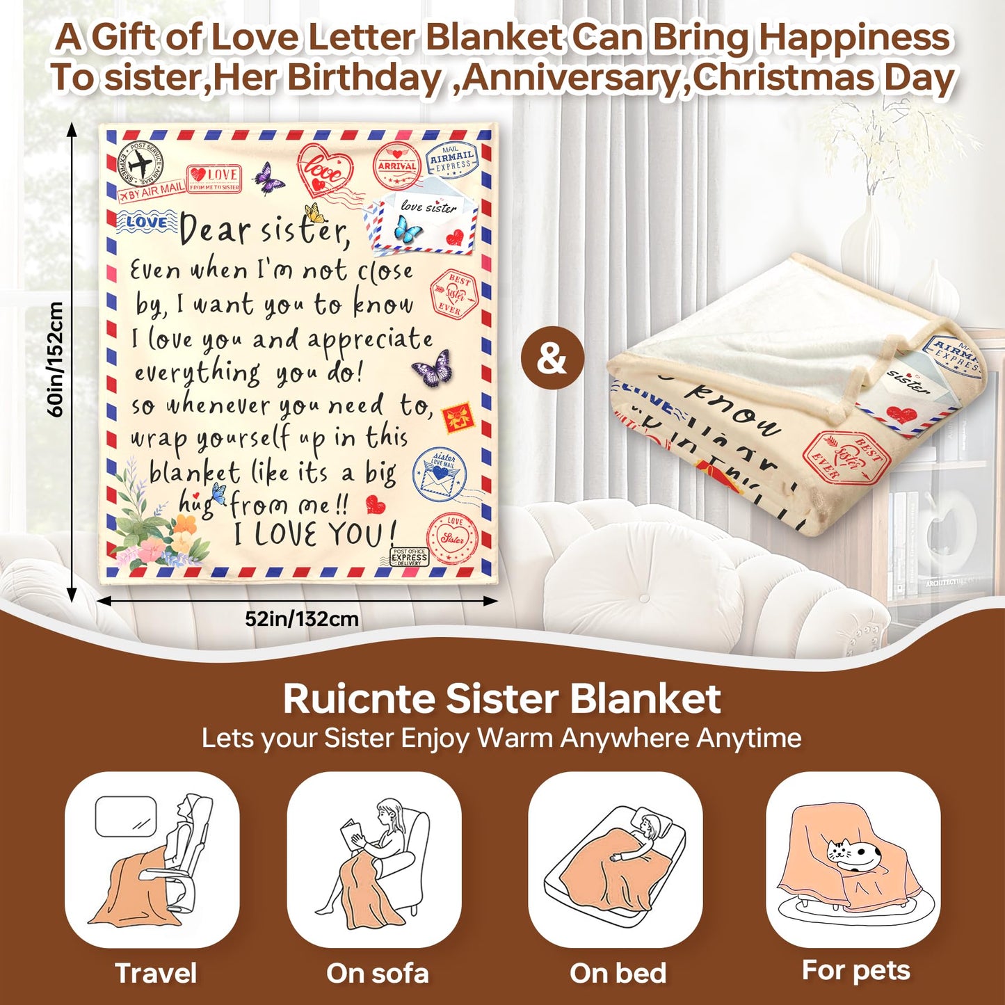 Sister Gifts Throw Blanket for Sisters,Sister Birthday Gifts,Mother's Day,Super Soft Flannel Love Present A Letter Blankets with Butterfly 50"x60" for Christmas,Valentines Day,Bed,Couch