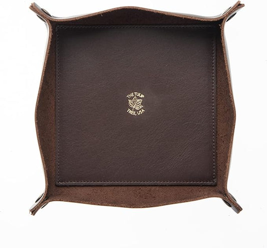 USA Handmade Premium Leather Valet Tray, Folds Flat! Dice Rolling Basket and Organizer with Brass Snaps (Dark Walnut Brown, Large)