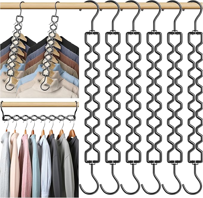 6 Pack Space Saving Hangers for Clothes, Heavy Duty 30Lbs Capacity Magic Clothes Space Saver Sturdy Metal Hanger Organizer with 360Â° Swivel Hook, Closet Organizers Storage Dorm Essentials Black