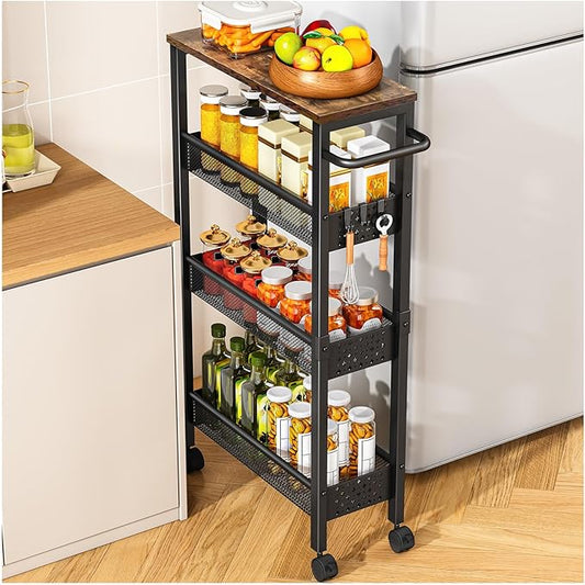 Utility Slim Storage Cart with Wheels, 4 Tier Small Rolling Cart with Wood Top, Metal Kitchen Bathroom Laundry Room Organization Trolley with Handle for Narrow Space â Black