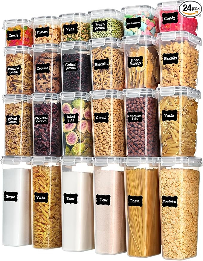 Vtopmart Airtight Food Storage Containers with Lids, 24 pcs Plastic Kitchen and Pantry Organization Canisters for Cereal, Dry Food, Flour and Sugar, BPA Free, Includes 24 Labelsï¼Gray