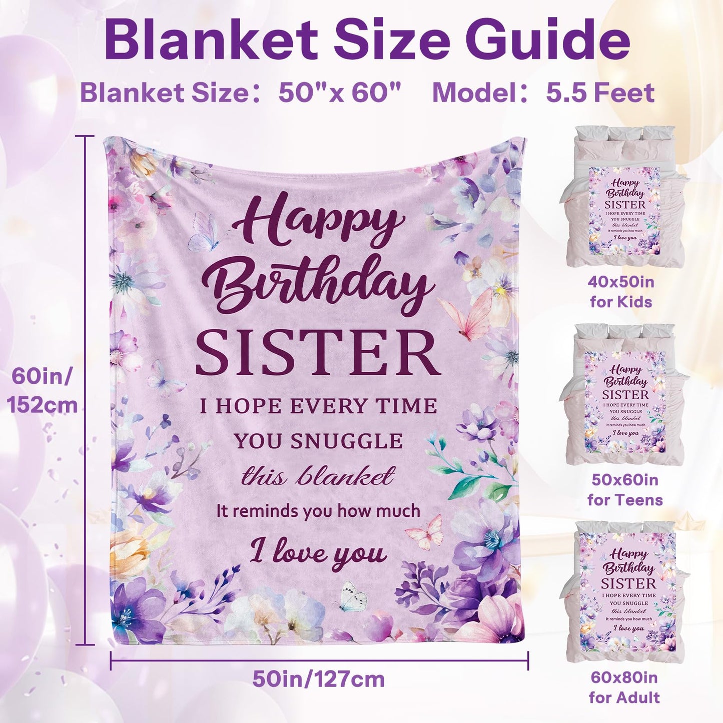 Happy Birthday Sister Blanket, Sisters Birthday Gifts, Gifts for Sister Birthdays, Sisters Gift from Sis, Birthdays Present for Sis Throw Blanket, Purple, 50"X60"