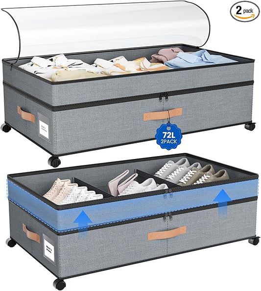 Under Bed Storage with Wheels, 72L XXL Under the Bed Storage Containers Large, 10ââ Tall Adjustable Storage for Underbed with Lids, Rolling for Shoes, Clothes, Blankets, Grey