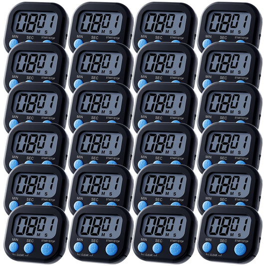 Leumoi 24 Pcs Digital Kitchen Timers Magnetic Back Timers Bulk Large Screen Loud Alarm On/Off Switch Minute Second Count up Countdown Memory Setting for Cooking Classroom Exercise(Black and Blue)
