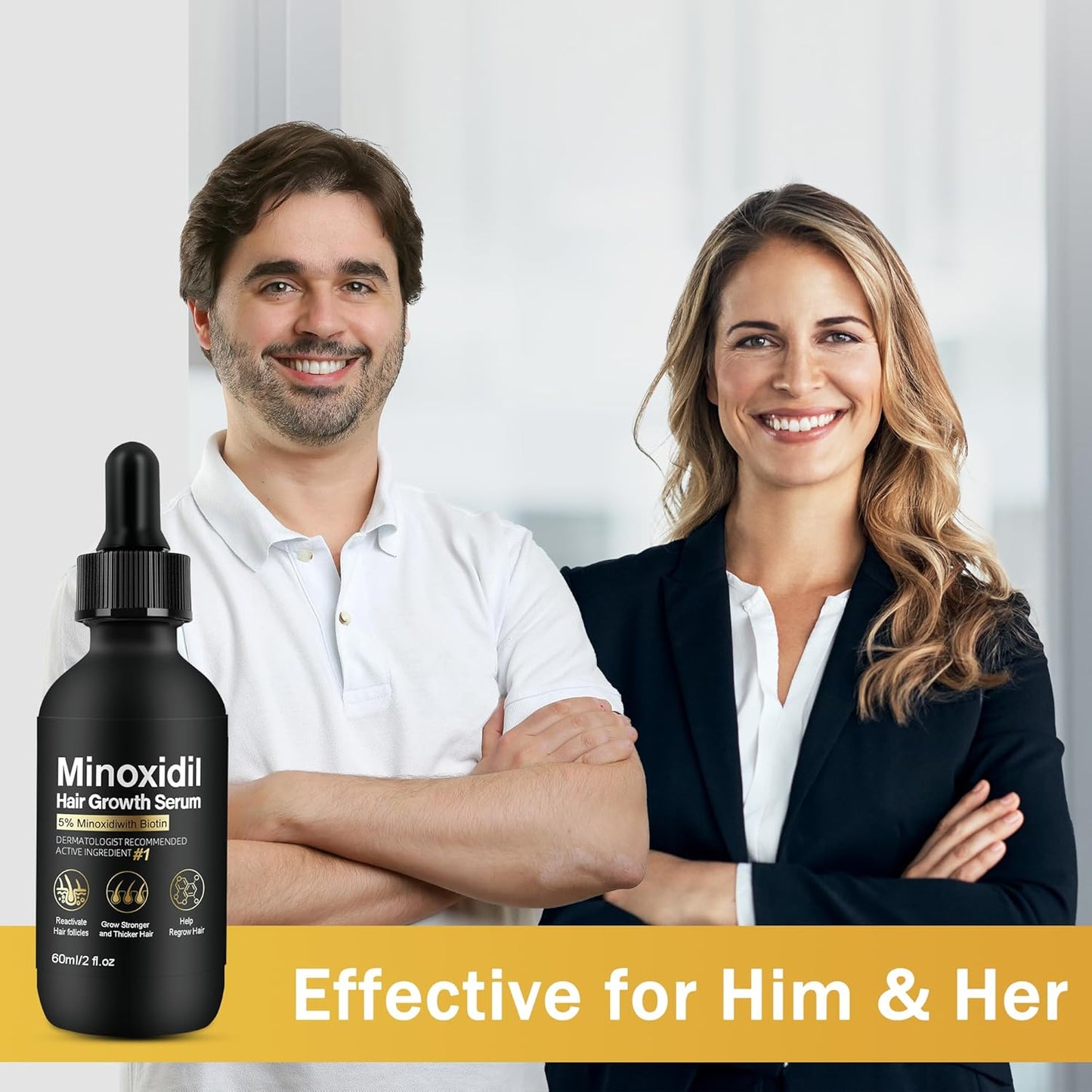 5% Minoxidil for Men and Women Hair Growth Treatment,Topical Minoxidil for Beard Growth, Hair Regrowth Serum for Scalp Hair Loss and Thinning, with Biotin (2 Fl Oz (Pack