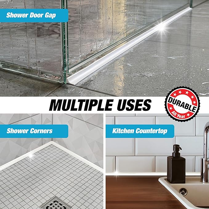 Shower Threshold Water Dam Barrier 67" - White Collapsible Walk in Shower Water Guard - Door Bottom Seal Strip Leak Guard by Hippo Dam