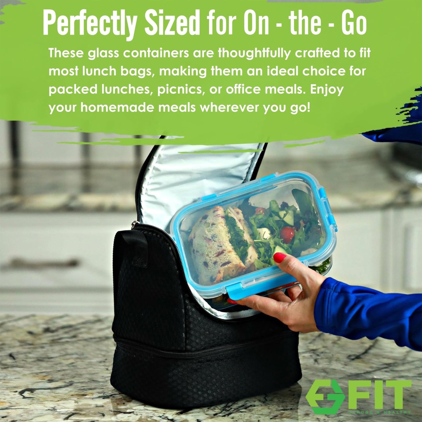 FIT Strong & Healthy Glass Meal Prep Containers, 2 & 3 Compartments - Portion Control, Lunch Container Set, Food Storage, Airtight Lids, Oven & Freezer Safe, Leak-Proof Bento Box, 32 oz, Blue, 4 Pack