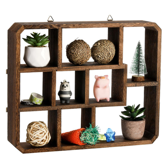 Frcctre Rustic Shadow Box Display Shelf, 9 Compartments Wood Hanging Display Floating Shelves, Multi-Slot Wall Mounted or Freestanding Farmhouse Decor Displays Case