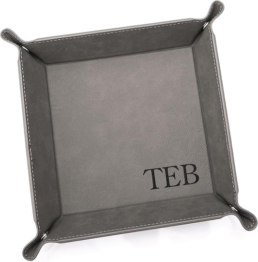 Lifetime Creations Monogrammed Valet Tray (Gray) - Personalized Vegan Leather Catchall, Change Tray, Groomsmen Gift, Desk Dresser Organizer