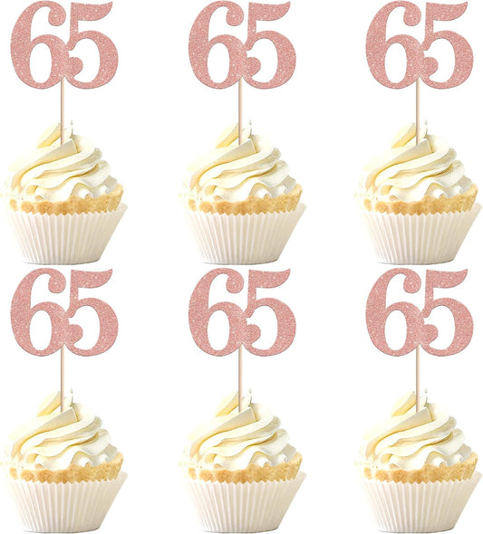 Rsstarxi 36 Pack Number 65 Cupcake Toppers Glitter Cheers to 65 Years Birthday Cupcake Picks Decoration for Happy 65th Birthday Wedding Anniversary Party Cake Decorations Rose Gold