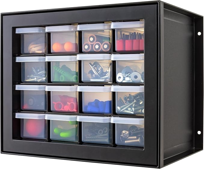 IRIS USA Small Plastic Storage Drawers, Made in USA, 16-Drawer Organizer, Stackable Teacher Toolbox for Crafts, Crayons, Beads, Screws, Hardware, Building Bricks, Desk & Garage Storage â Black