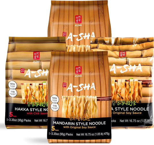 A-Sha Fan Favorite Variety Pack, Taiwanese Air-Dried Noodles, Mandarin Original, Hakka Original, Hakka Chili, Vegan, 10g Plant Protein, No MSG, Ready in 4 Minutes (20 Total Packs)