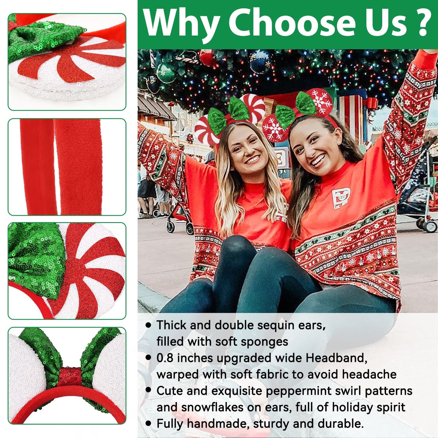 Christmas Mouse Ears Headband, 2 PCS Christmas Ears for Women Kids, Sequin Bow Headbands for Christmas Parties Cosplay Costume (Peppermint Green & Red Snowflake)
