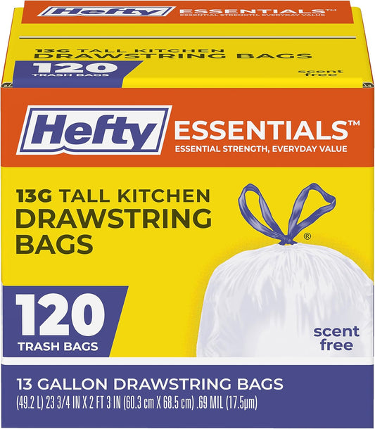 Hefty Essentials Drawstring 13 Gallon Kitchen Trash Bags, 120 Count, Tall Unscented Trash Bags for Kitchens, Home Offices, or Laundry Rooms, Easy to Tie, Lift, and Carry, White
