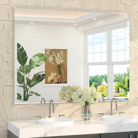 TETOTE 48" x 36" Large Mirror with Frameless Tempered Beveled Edge for Vanity and Bathroom