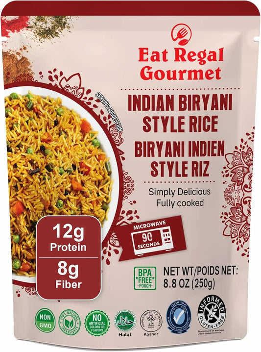 Eat Regal Gourmet Indian Biryani Style Rice, 8.8 oz, Pack of 6, Fully Cooked, Kosher, Halal, 12g Protein