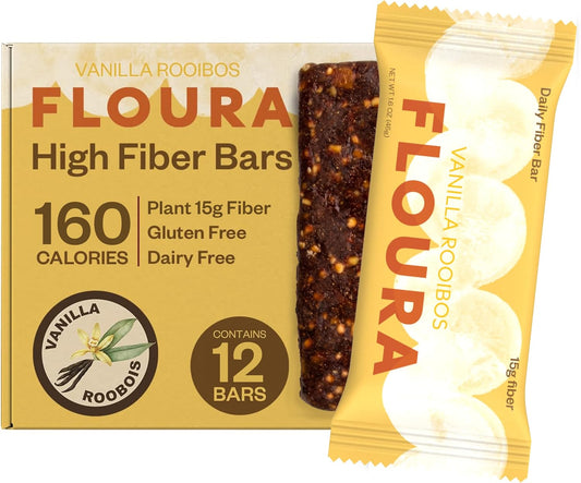 Floura Vanilla Rooibos Fruit-Forward Fiber Bars– High Fiber, Vegan, Gluten & Dairy Free, Low Calorie Healthy Snack Bars with Upcycled Produce for Gut Health [12 Pack]