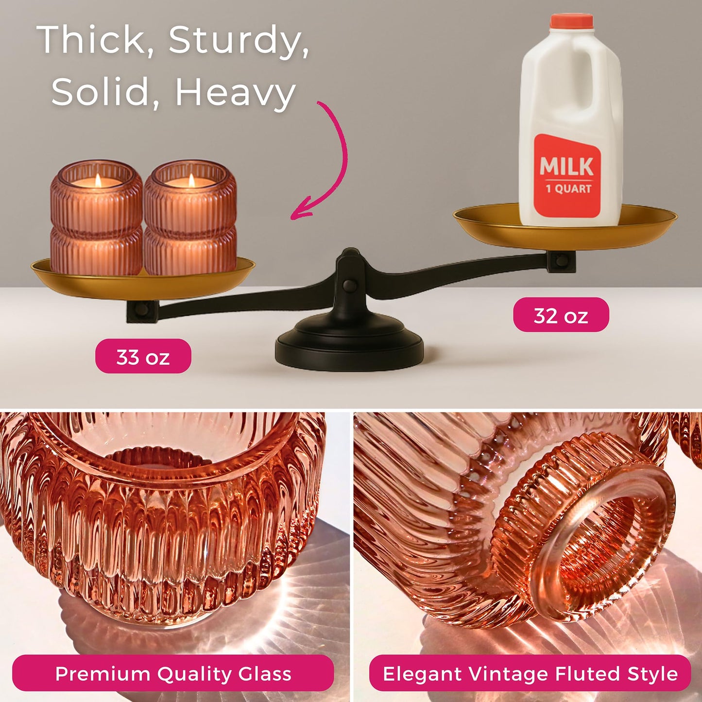 Kate Aspen Rose Gold Taper Candle Holders for Candlesticks Set of 4, Ribbed Glass Candlestick Holders, Votive Candle Holder Decor Accents, Pink Room Styling, Wedding & Home Centerpieces, Table Decor