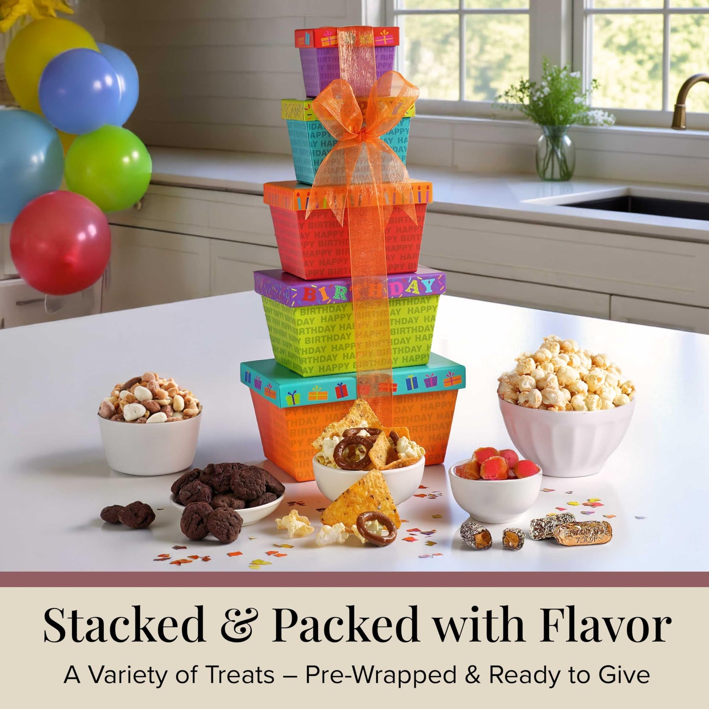 Broadway Basketeers Birthday Gift Basket Tower for Women, Men, Mom, Dad, Her, Him, Kids, Families – Curated Snack Box, Sweet and Savory Treats for Parties