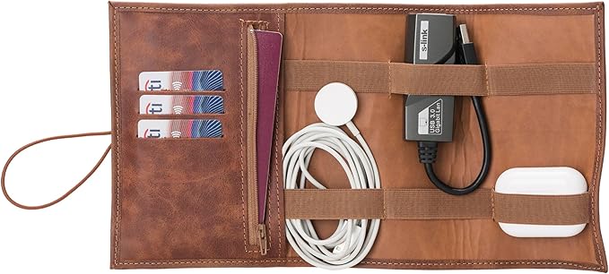 HARDISTON Custom Leather Electronic Organizer Roll â Personalized Cord Pouch for Travel Tech Accessories, USB Cables, Charger, Passport, SD Cards â Handmade Gift for All