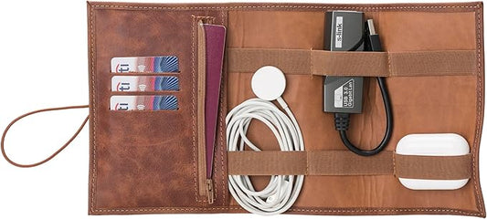 HARDISTON Custom Leather Electronic Organizer Roll â Personalized Cord Pouch for Travel Tech Accessories, USB Cables, Charger, Passport, SD Cards â Handmade Gift for All
