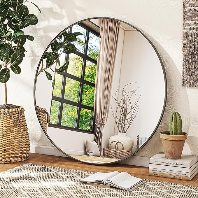 Black Round Mirror, 30 Inch Circle Bathroom Mirror with Metal Frame, Wall-Mounted for Entryway, Bathroom, Vanity, Living Room