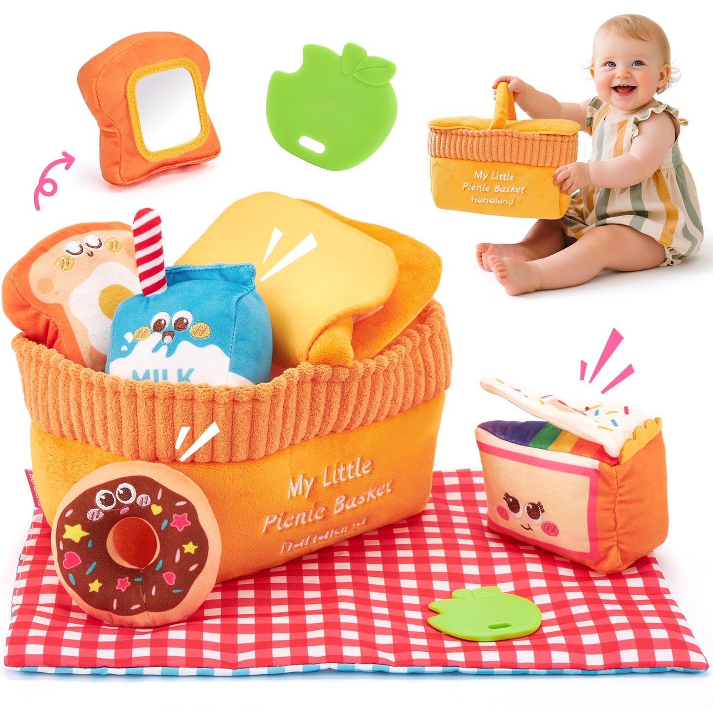 Hahaland Baby Toys 6-12 Months – Picnic Basket Sensory Toy with Crinkle, Rattles, Teether & Mirror, Montessori Play Food Plush for Early Development, Birthday Gifts for 1+ Years Boys & Girls