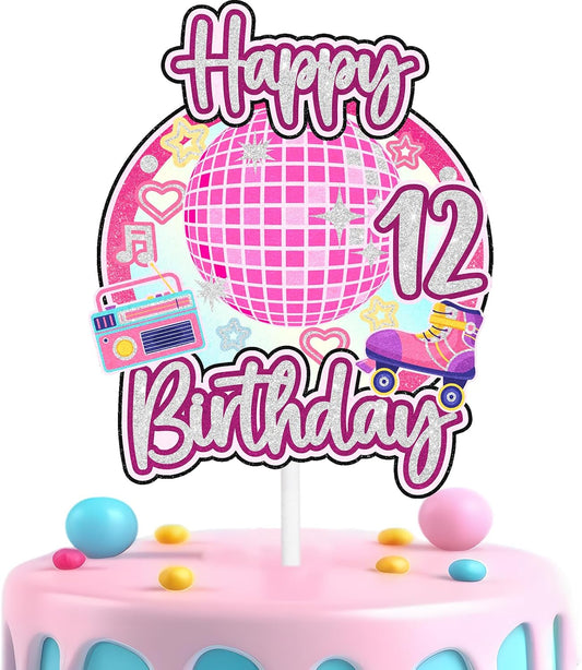 Retro disco cake topper for girls 12th birthday happy hip hop, boombox decorations, roller skating party, themed birthday party, 70s 80s 90s rock party radio decorations (12th)