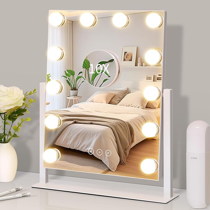 Vanity Mirror with Lights,Lighted Vanity Mirror with 12 Dimmable Bulbs for Dressing Room & Bedroom,3 Color Lighting,Modes Detachable 10x Magnification 360Â°Ratation (White) 14.6" L x 17" W