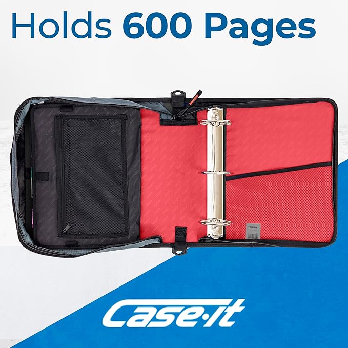 Case-it Mighty Zip Tab School Zipper Binder | 3-Inch O-Rings, 600-Sheet Capacity, 5-Subject Expanding File Folder, Multiple Pockets & Storage Organizer, Shoulder Strap | D-146 Coral