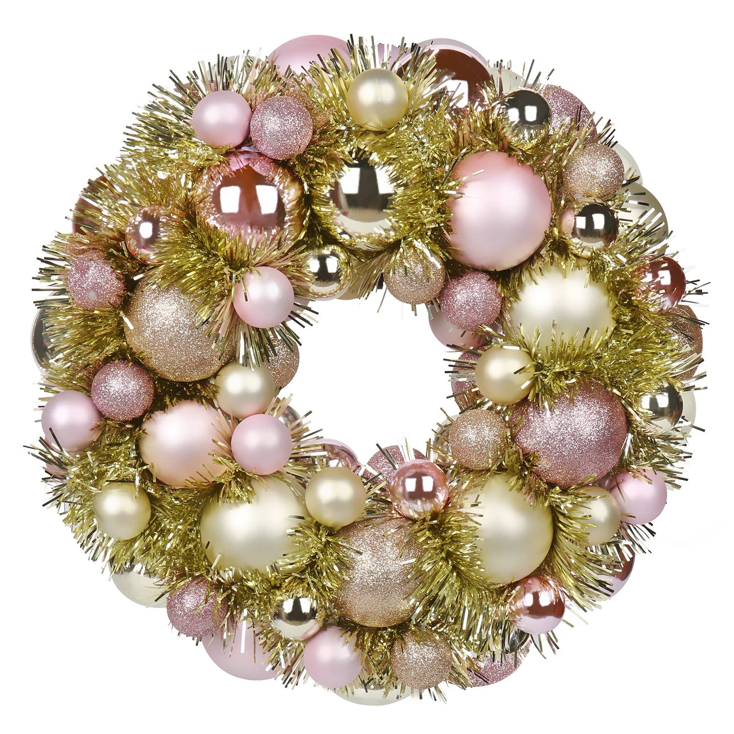 Christmas Ball Wreath 13" Xmas Wreaths Ornaments Glitter Thicken Shatterproof Garland Decoration for Door Wall Mantel Holiday Party Decor, Champagne Gold & Pink