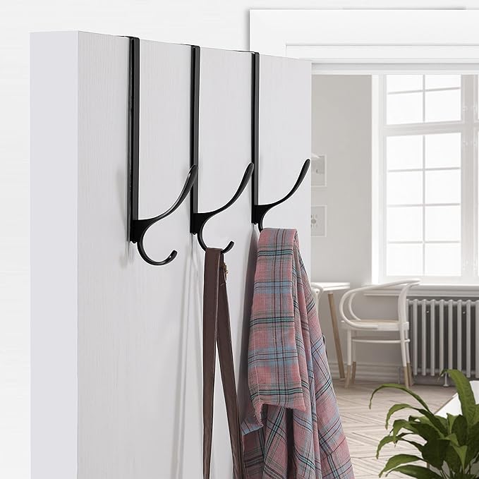 SKOLOO Over The Door Hooks - for Doors up to 4.5cm Thick, Pack of 5, Stainless Steel Door Hanger Hooks, Over The Door Hanger for Coats Clothes Hat Towel Jacket, Black