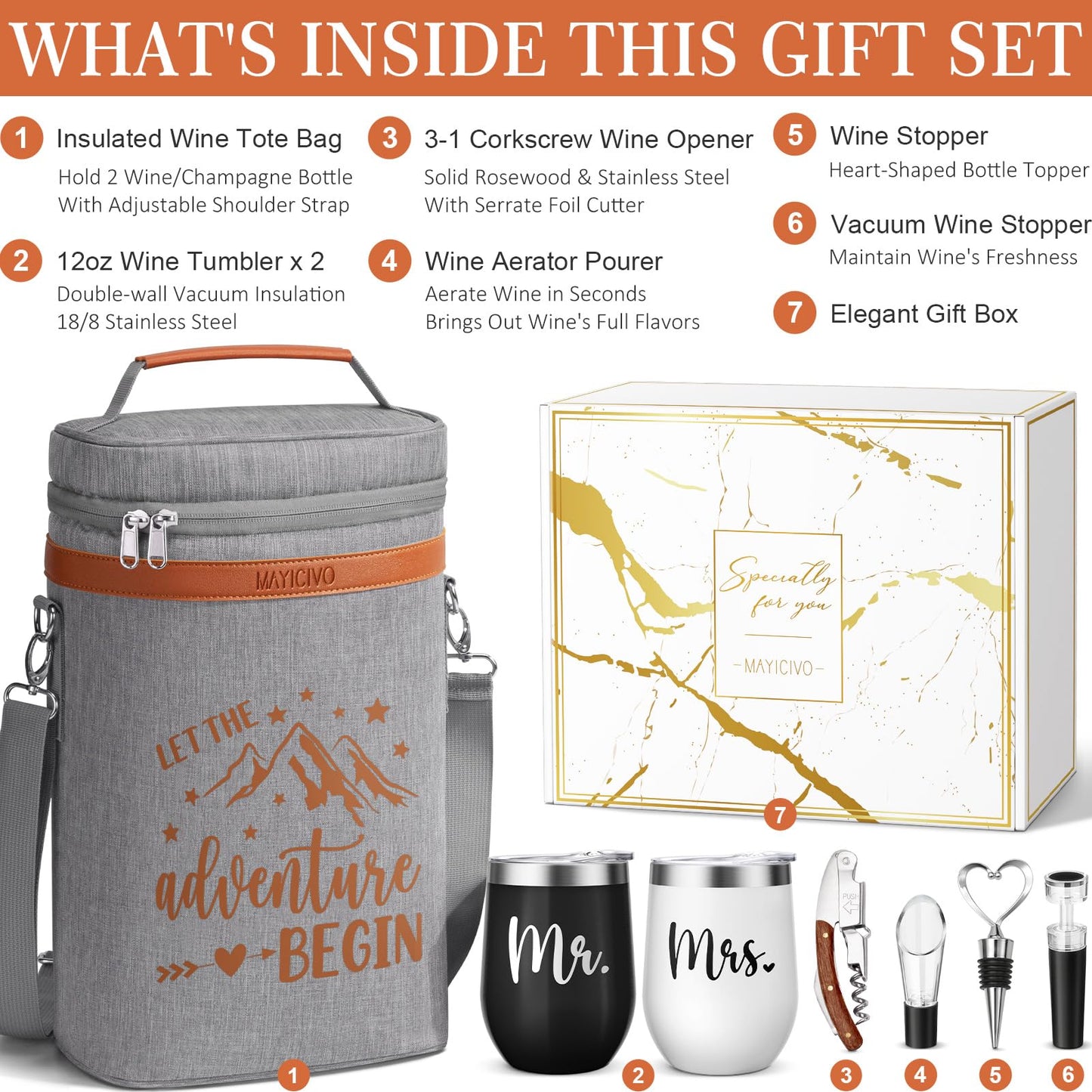 Wedding Gifts for Couples, Mr and Mrs Wine Tumblers Gifts - Engagement, Bridal Shower, Newlywed, His & Hers, Valentines Day, House Warming-Insulated Wine Cooler Tote Bag w/ Wines Accessories Gift Set