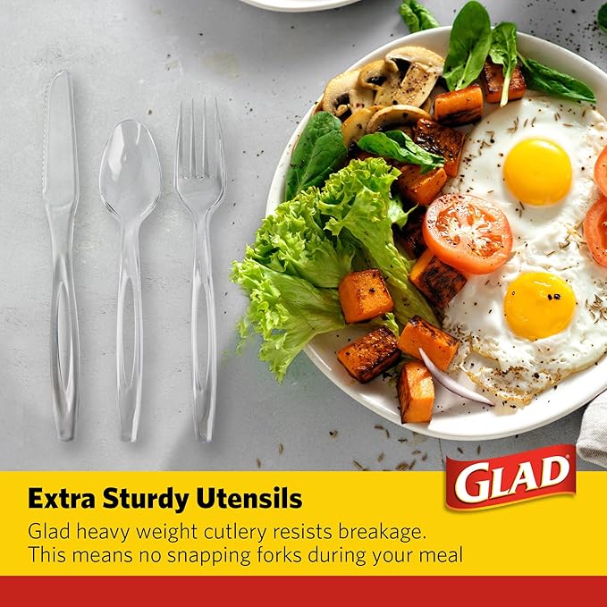 Glad Clear Disposable Cutlery Set with Heavy Duty Plastic Forks, Knives, and Spoons, Reusable Dishwasher Safe Plastic Utensils for Parties and Everyday Use, 120 Count