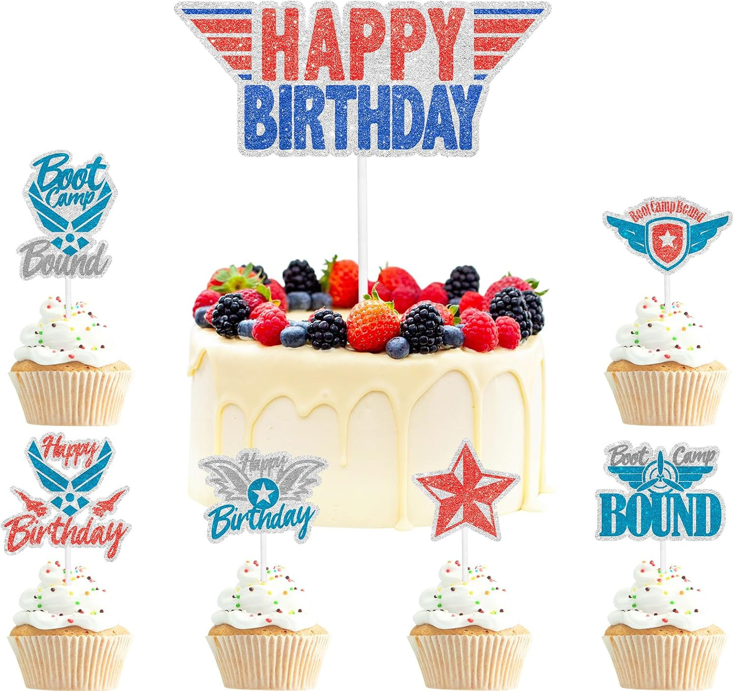 Air Force Club Cake Toppers 7-Piece Set Fighter Themed Happy Birthday, Boot Camp Party, Kids Boys and Girls Pilot Birthday Party, Baby Shower Party Jet Decorations. LIANGSS