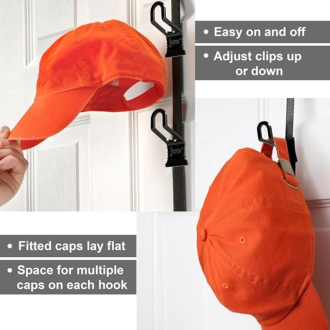 Perfect Curve FOR 8-FEET DOORS ONLY CapRack | Over-The-Door Hat Organizer for Baseball Caps | 2 Straps, Holds 18-36 Adjustable Caps | Black